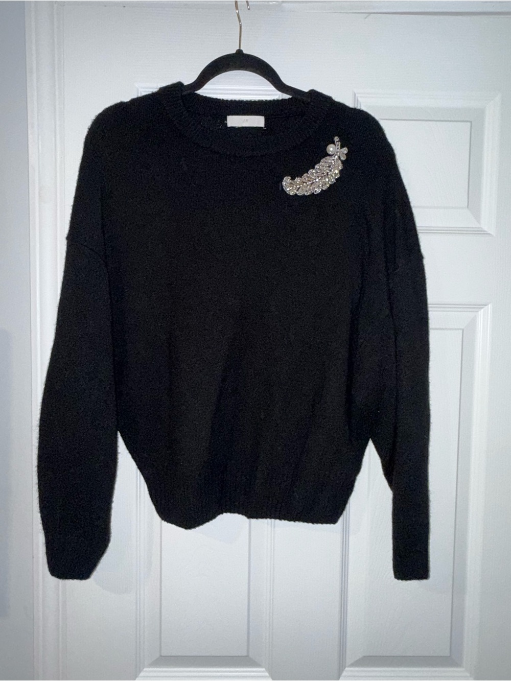 H&M Black Crewneck Sweater with Crystal Brooch Accent